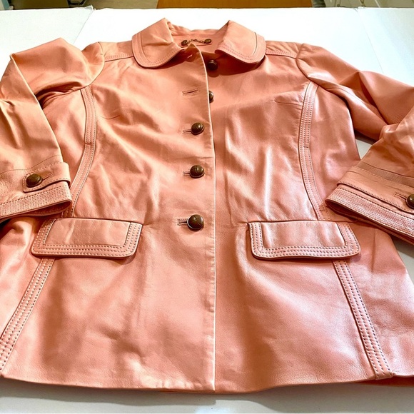Tory Burch Peach Pink Soft Leather Jacket Sz Large Button Up Pockets Neutral - Picture 8 of 15